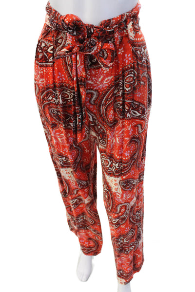 Free People Women Paperbag Pants Red Rayon Paisley Drawstring Petite Size XS