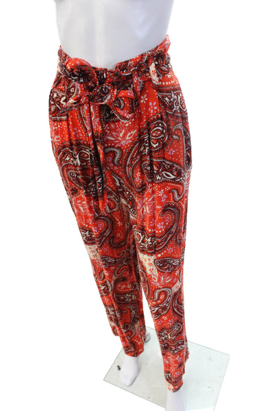 Free People Women Paperbag Pants Red Rayon Paisley Drawstring Petite Size XS