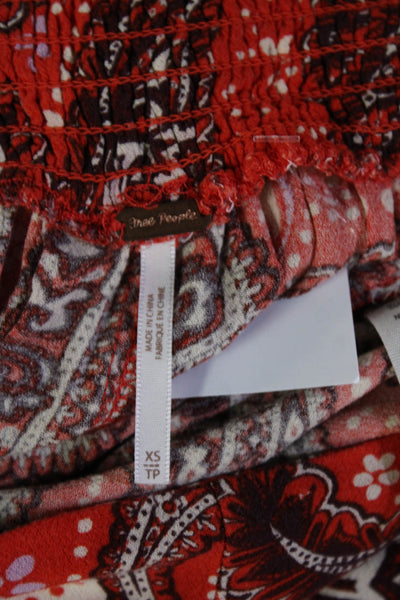 Free People Women Paperbag Pants Red Rayon Paisley Drawstring Petite Size XS