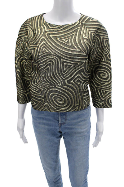 Suno Women Geometric Round Neck 3/4 Sleeve Wool Silk Blouse Zip Size 10