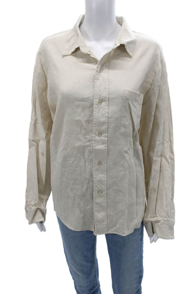 Alexia Admor Women Collared Button-Up Long Sleeve Beige Basic Top Size L