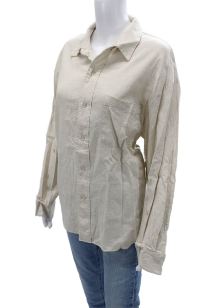 Alexia Admor Women Collared Button-Up Long Sleeve Beige Basic Top Size L
