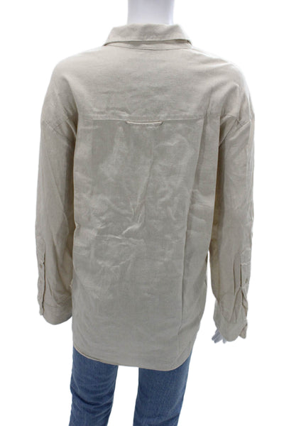 Alexia Admor Women Collared Button-Up Long Sleeve Beige Basic Top Size L