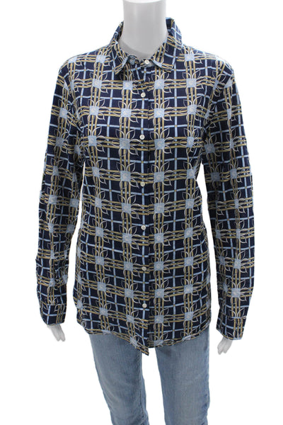 J. Mclaughlin Womens Geometric Cotton Button-Up Top Navy Longsleeve Size L