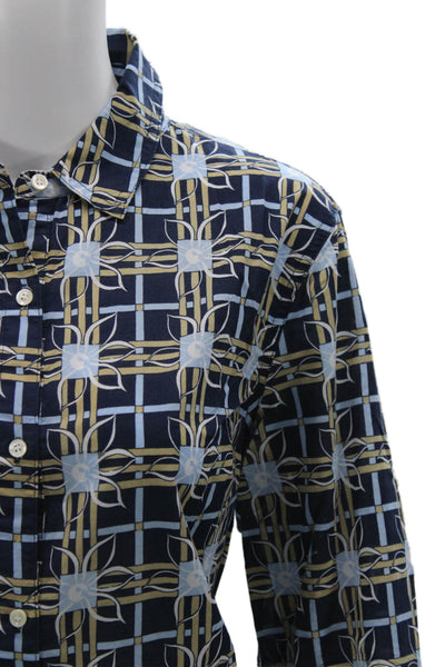 J. Mclaughlin Womens Geometric Cotton Button-Up Top Navy Longsleeve Size L