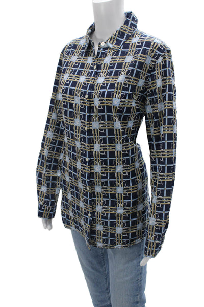 J. Mclaughlin Womens Geometric Cotton Button-Up Top Navy Longsleeve Size L