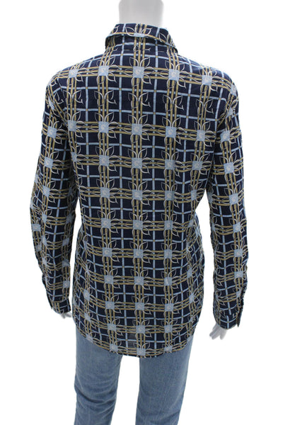 J. Mclaughlin Womens Geometric Cotton Button-Up Top Navy Longsleeve Size L