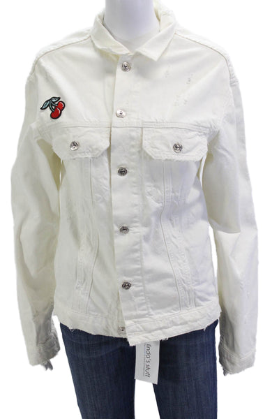 Zara Women White Cotton Graphic Print Button Jacket Long Sleeve Size XS