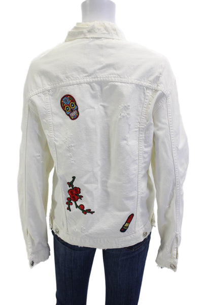 Zara Women White Cotton Graphic Print Button Jacket Long Sleeve Size XS