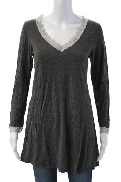Fleur't Women Tunic Dark Gray V Neck Long Sleeve Bohemian Size M