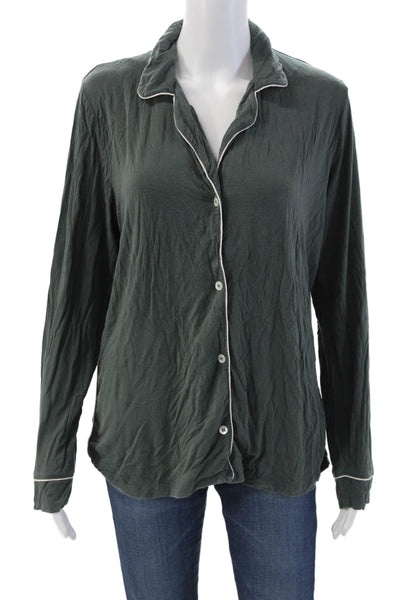 Eberjey Womens Button Front Long Sleeve V Neck Pajama Shirt Green Size Medium