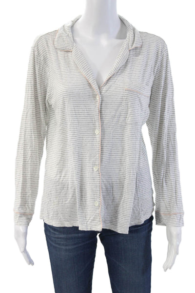Eberjey Womens Button Front Collared Striped Pajama Shirt White Gray Size Medium