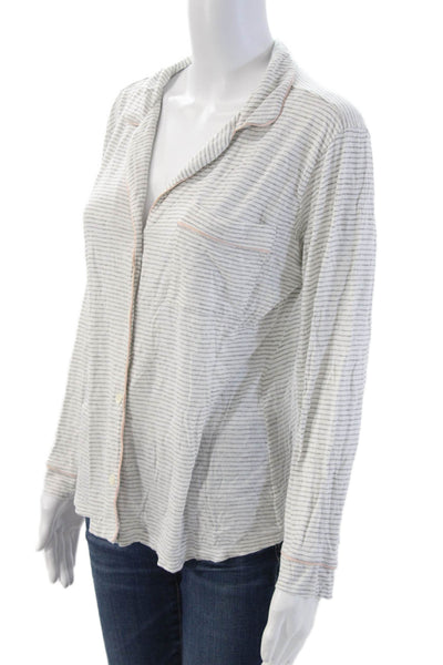 Eberjey Womens Button Front Collared Striped Pajama Shirt White Gray Size Medium