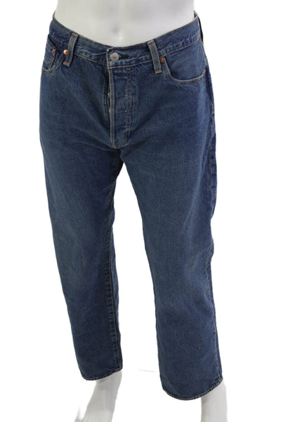 Levis Mens Straight Jeans Dark Blue Button Fly Cotton Size 35