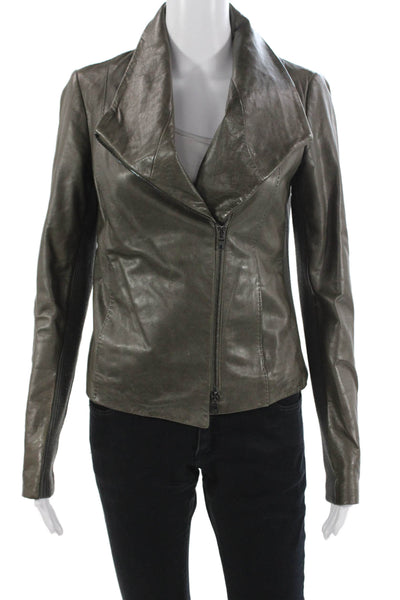 Vince Womens Gray Leather Motorcycle Jacket Zip Long Sleeve Petite Size S