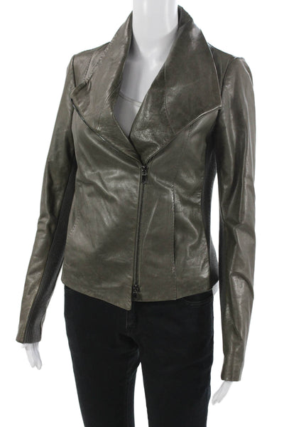Vince Womens Gray Leather Motorcycle Jacket Zip Long Sleeve Petite Size S