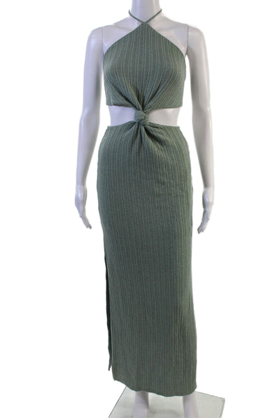 Capittana Women Maxi Sweater Dress Green Striped High Neck Sleeveless Size XS