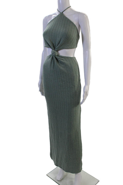 Capittana Women Maxi Sweater Dress Green Striped High Neck Sleeveless Size XS