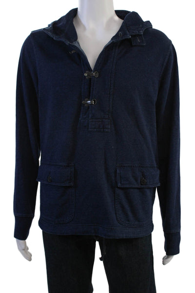 J Crew Mens Henley Hoodies Dark Blue Cotton Button Long Sleeve Size S
