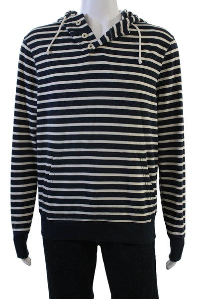 J Crew Mens Henley Hoodie Dark Blue Striped Button Long Sleeve Cotton Size M
