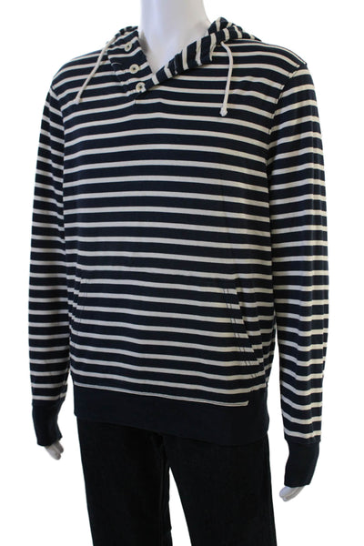 J Crew Mens Henley Hoodie Dark Blue Striped Button Long Sleeve Cotton Size M