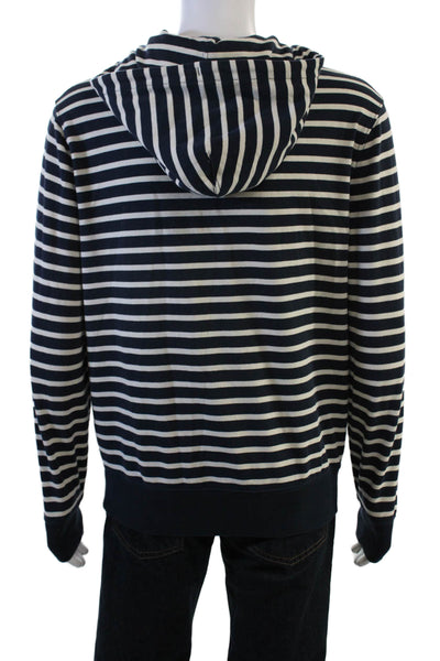 J Crew Mens Henley Hoodie Dark Blue Striped Button Long Sleeve Cotton Size M