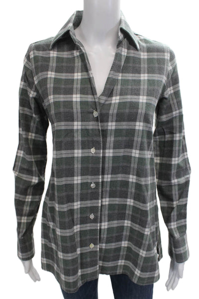 Sharis Place Women Collared Plaid Button-Up Top Dark Gray Long Sleeve Size 40