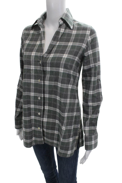 Sharis Place Women Collared Plaid Button-Up Top Dark Gray Long Sleeve Size 40