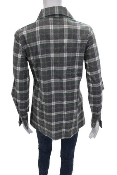 Sharis Place Women Collared Plaid Button-Up Top Dark Gray Long Sleeve Size 40