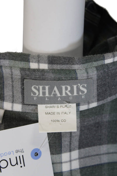 Sharis Place Women Collared Plaid Button-Up Top Dark Gray Long Sleeve Size 40
