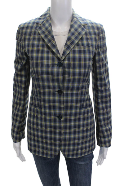 Shari's Place Women Plaid Wool Blazer Button Long Sleeve Blue Size 38