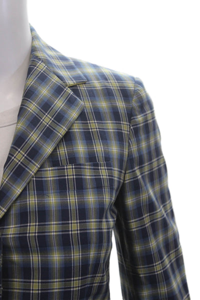 Shari's Place Women Plaid Wool Blazer Button Long Sleeve Blue Size 38