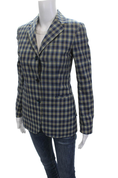Shari's Place Women Plaid Wool Blazer Button Long Sleeve Blue Size 38