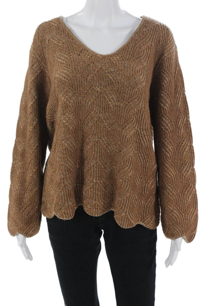 St. John Unisex Brown Geometric V-Neck Pullover Sweater Long Sleeve Size XL