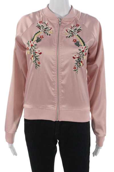 Aqua Womens Bomber Jacket Pink Floral Zip Long Sleeve Size XS