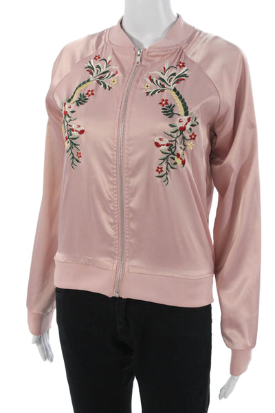 Aqua Womens Bomber Jacket Pink Floral Zip Long Sleeve Size XS