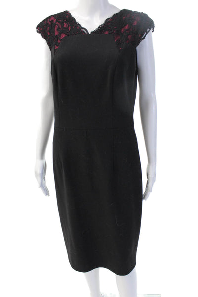 David Meister Women Sheath Dress Black V-Neck Sleeveless Mid-Calf Zip Size 8