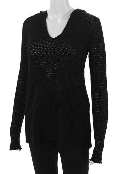 ATM Womens Pullover Hoodie V Neck Cashmere Wool Black Long Sleeve Size XS