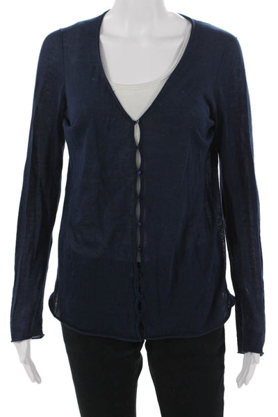 Calypso Saint Barth Women Dark Blue V Neck Long Sleeve Button-Up Top Size M