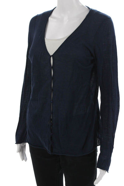 Calypso Saint Barth Women Dark Blue V Neck Long Sleeve Button-Up Top Size M