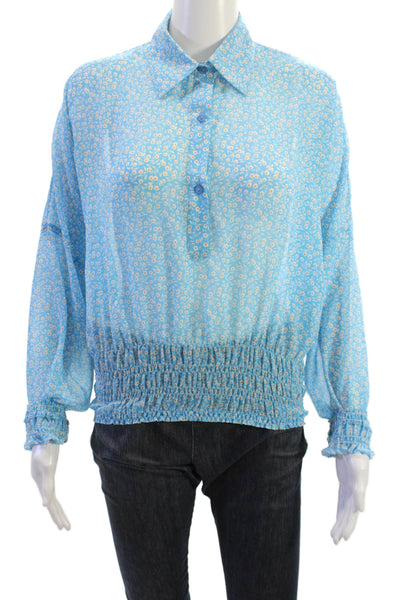 Elan Women Collared Floral Button-Up Viscose Blue Long Sleeve Blouse Size S
