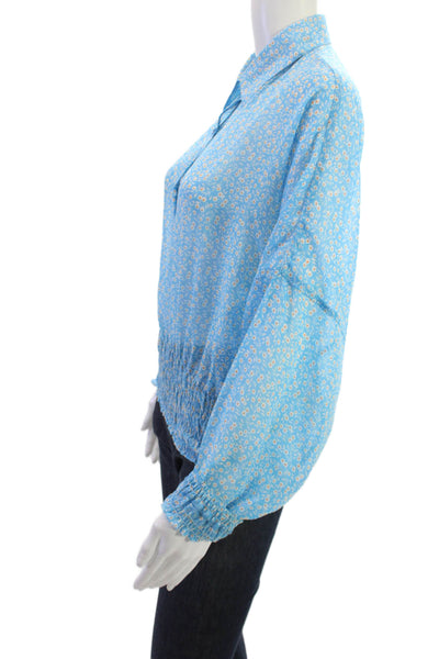 Elan Women Collared Floral Button-Up Viscose Blue Long Sleeve Blouse Size S