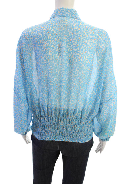 Elan Women Collared Floral Button-Up Viscose Blue Long Sleeve Blouse Size S