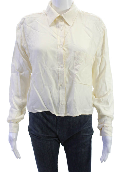 Sen Womens Cropped Button-Up Blouse Beige Collared Long Sleeve Size S
