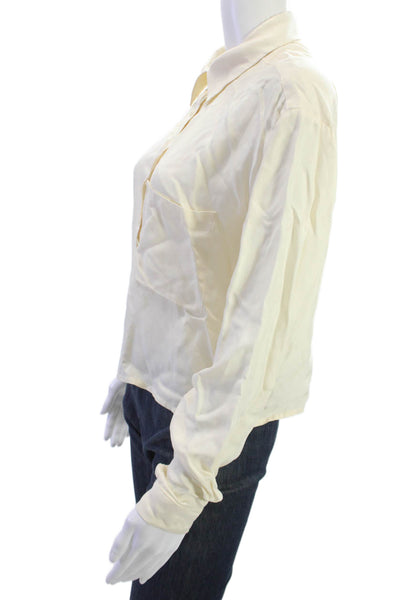 Sen Womens Cropped Button-Up Blouse Beige Collared Long Sleeve Size S