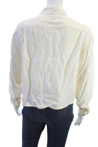 Sen Womens Cropped Button-Up Blouse Beige Collared Long Sleeve Size S