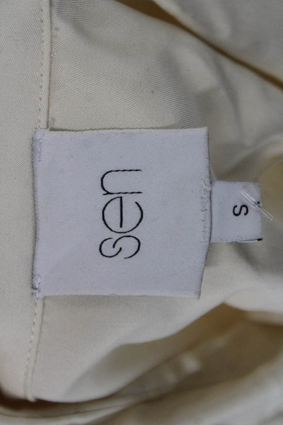 Sen Womens Cropped Button-Up Blouse Beige Collared Long Sleeve Size S