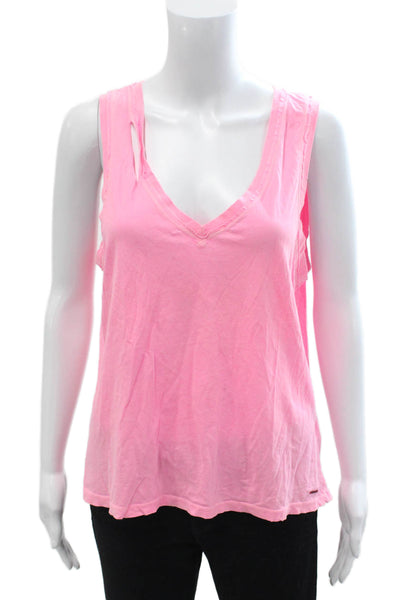 Philanthropy Women Pink Cotton V-Neck Sleeveless Basic Tank Size L