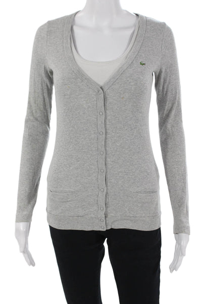 Lacoste Unisex Gray V-Neck Button Cardigan Long Sleeve Cotton Elastane Size 36