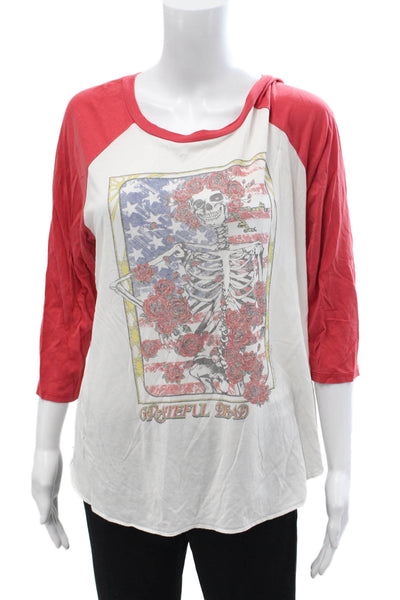 Lauren Moshi Womens Red Jersey T-Shirt 3/4 Sleeve Graphic Music Size L